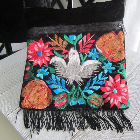 Black Velvet with Embroidery Small Shoulder Bag with Black Fringe - Picture 1 of 5
